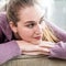 Closeup portrait of dreaming beautiful young caucasian woman for meditation