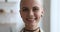 Closeup portrait dreamy young bald woman wear choker and earrings