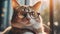 Closeup portrait of funny cat wearing glasses, blurred room interior