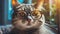 Closeup portrait of funny cat wearing glasses, blurred room interior