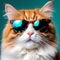 Closeup Portrait of Funny Ginger Cat Wearing Sunglasses - Isolated on Light Cyan with Copy Space for Text