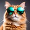 Closeup Portrait of Funny Ginger Cat Wearing Sunglasses - Isolated on Light Cyan with Copy Space for Text