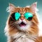 Closeup Portrait of Funny Ginger Cat Wearing Sunglasses - Isolated on Light Cyan with Copy Space for Text