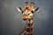 Closeup portrait giraffe on grey background looking down