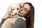 Closeup portrait handsome young woman, kissing his good friend dog isolated background.