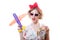 Closeup portrait of having fun playing with airplane & showing alarm clock beautiful blond young woman pinup girl in sunglasses