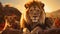 Closeup portrait of lion pride family in african savanna with adults and young