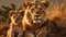 Closeup portrait of lion pride family in african savanna with adults and young