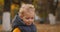 Closeup portrait of little child with blonde curly hair in autumn park in city, funny face and grimacing of baby boy
