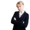 Closeup portrait of serious blond Caucasian schoolgirl