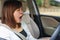 Closeup portrait sleepy, yawn, close eyes young woman driving he