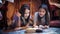 Closeup portrait of two teenage girls with flashlight lying on floor and reading scary book