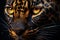 Closeup portrait of wild tiger face, minimalist, black on black, asymmetric composition, conceptual fantasy. AI