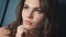 Closeup portrait woman brunette hair style fashion model sexy looking passion lips bright makeup cosmetic beauty product lyric rom