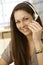 Closeup portrait of woman with headset