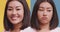 Closeup portrait of young asian woman expressing happiness and depression, emotions collage, slow motion