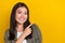 Closeup portrait of young cheerful smiling cute indonesian woman finger direct mockup new shopping mall opening isolated