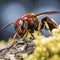closeup potter wasp flying in garden