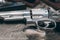 Closeup of powerful handgun. Pistol Revolver Handgun