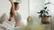 Closeup pregnant belly woman correcting hair. Expectant mother waking up bedroom