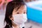Closeup preschool Asian girl wearing white medical masks at all times to protect against corona virus and toxic dusà¸°.