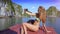 Closeup Pretty Girl in Bikini Makes Selfie on Bow in Azure Bay