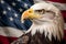 Closeup profile of North American bald eagle against USA flag. The 4th of July celebration