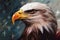 Closeup profile of North American bald eagle against USA flag. The 4th of July celebration