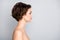Closeup profile photo of attractive beautiful naked lady bob short hairstyle look empty space sensual aesthetic beauty