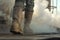 closeup of protective boots walking near smoking smokestack