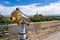 Closeup of a public telescope with the view of Erfurt Cathedral, Germany