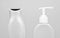 Closeup pump and flip cap plastic containers for cosmetic and toiletry products, bottles