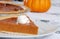 Closeup pumpkin pie slice and whip cream