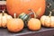 Closeup of pumpkins on a picnic table