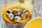 Closeup quail eggs in a bucket, Easter decorations