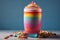 Closeup Rainbow latte isolated. Break time with latte isolated on blue background