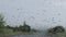 Closeup raindrops water droplets trickling down on wet clear window glass during heavy rain against blurred background