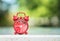 Closeup red alarm clock display seven hours and fifteen minutes on screen on blurred marble desk and park view background