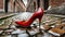 Closeup of a Red High-heeled Shoe Abandoned on a City Street - Generative Ai