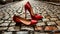 Closeup of Red High-heeled Shoes Abandoned on a City Street - Generative Ai