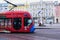 Closeup of red tram in the popular Jelacic square in downtown Zagreb