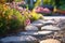 Closeup Of Rock On Garden Path Against Backdrop Of Unfocused Blooming Flowers. Generative AI