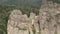 Closeup ruined castle at mountain spruce forest aerial. Nature landscape. Green pine trees at summer