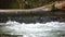 Closeup of a rushing stream, swift flow of spring water with some autumn colourful leaves in the water. Grey big