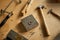 Closeup of rustic jewelers workstation with tools and ring