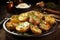 closeup of rustic potatoes with herbs in a plate on a wooden table