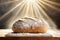 Closeup of rustic sourdough bread on wooden board in sunlit kitchen, creating a cozy atmosphere