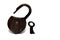 Closeup rusty shackle lock key white background