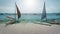 Closeup sailboats at sun sea bay aerial. Summer nature seascape. Water transport. White sand beach