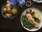 Closeup salmon steak on wooden table